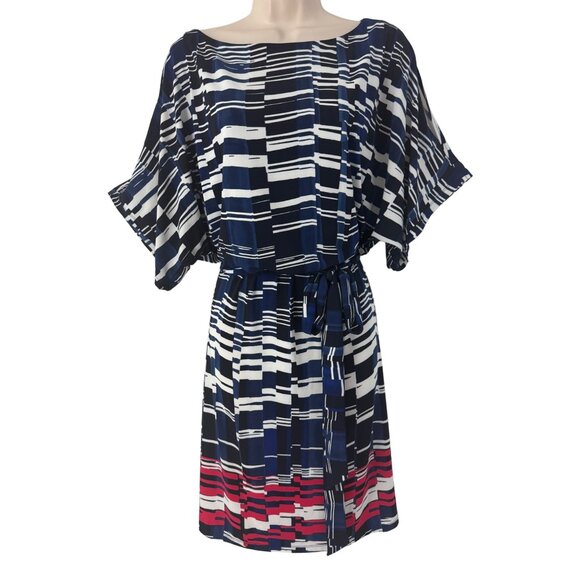 Dressbarn Dolman Sleeve Blue Red‎ Printed Blouson Dress w/Tie Size 1X 16 Office - Picture 1 of 7